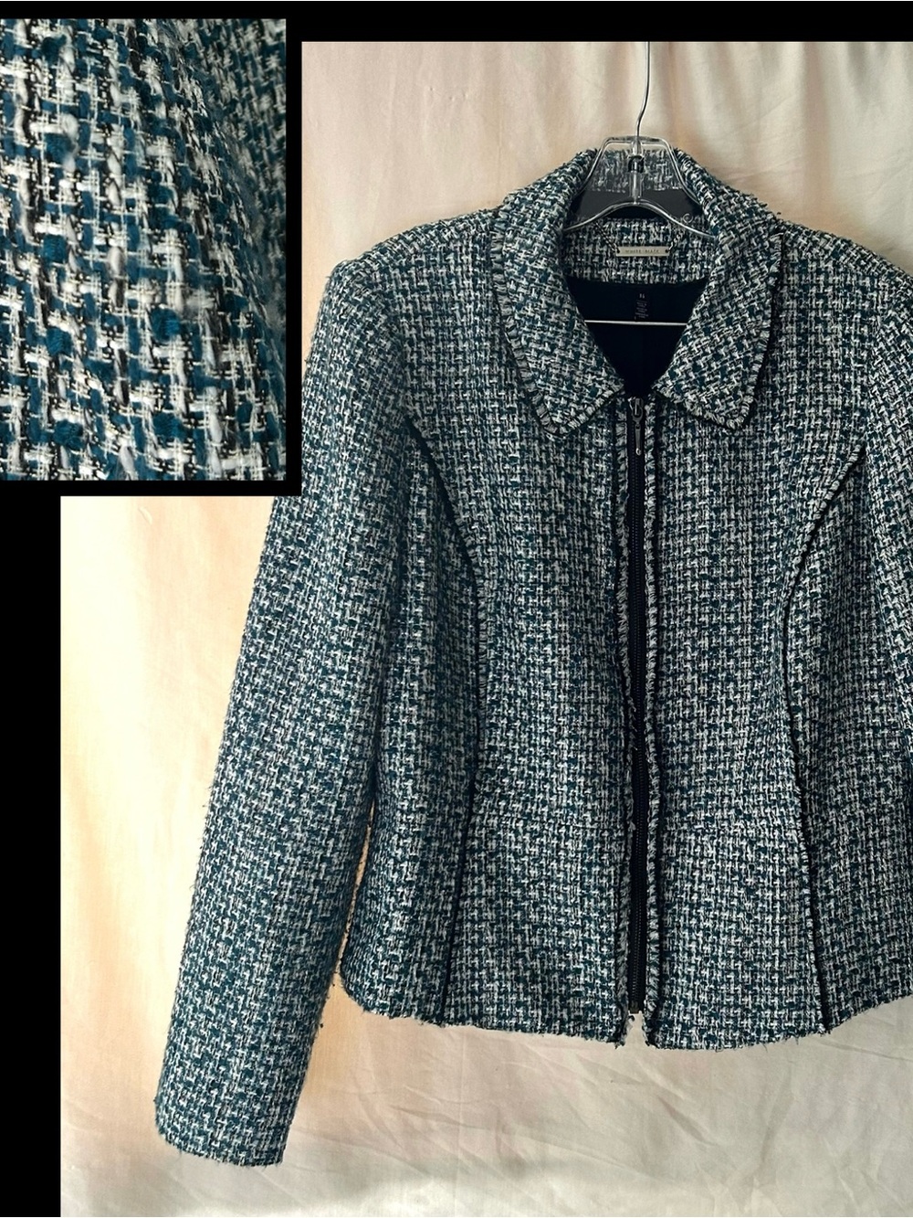 Classic Black/White/Teal Tweed Jacket - Women's Coat size 14